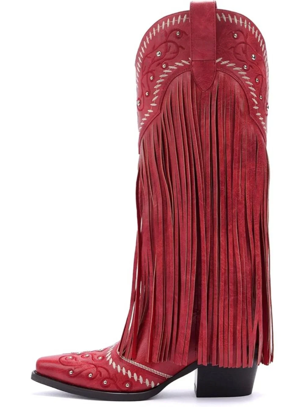 Women's Red Knee High Pointed Toe Fringe Cowboy Mid Block Heel Boots